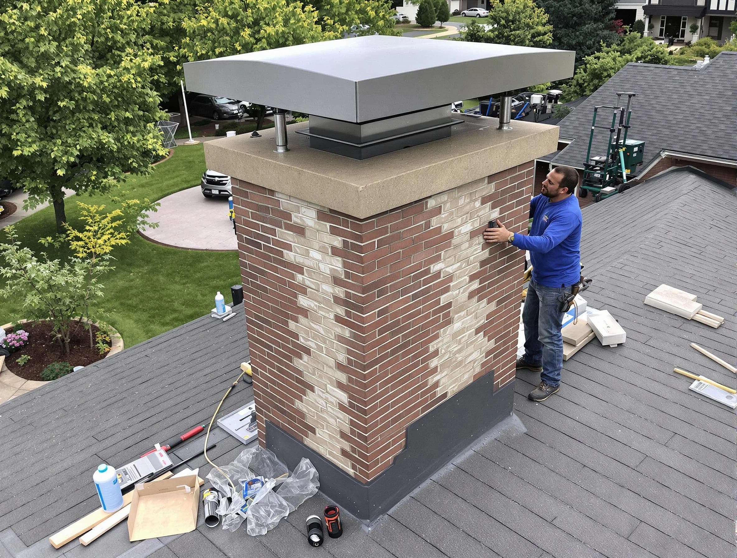 Dallas Chimney Sweep team working on a custom chimney remodel in Dallas, GA